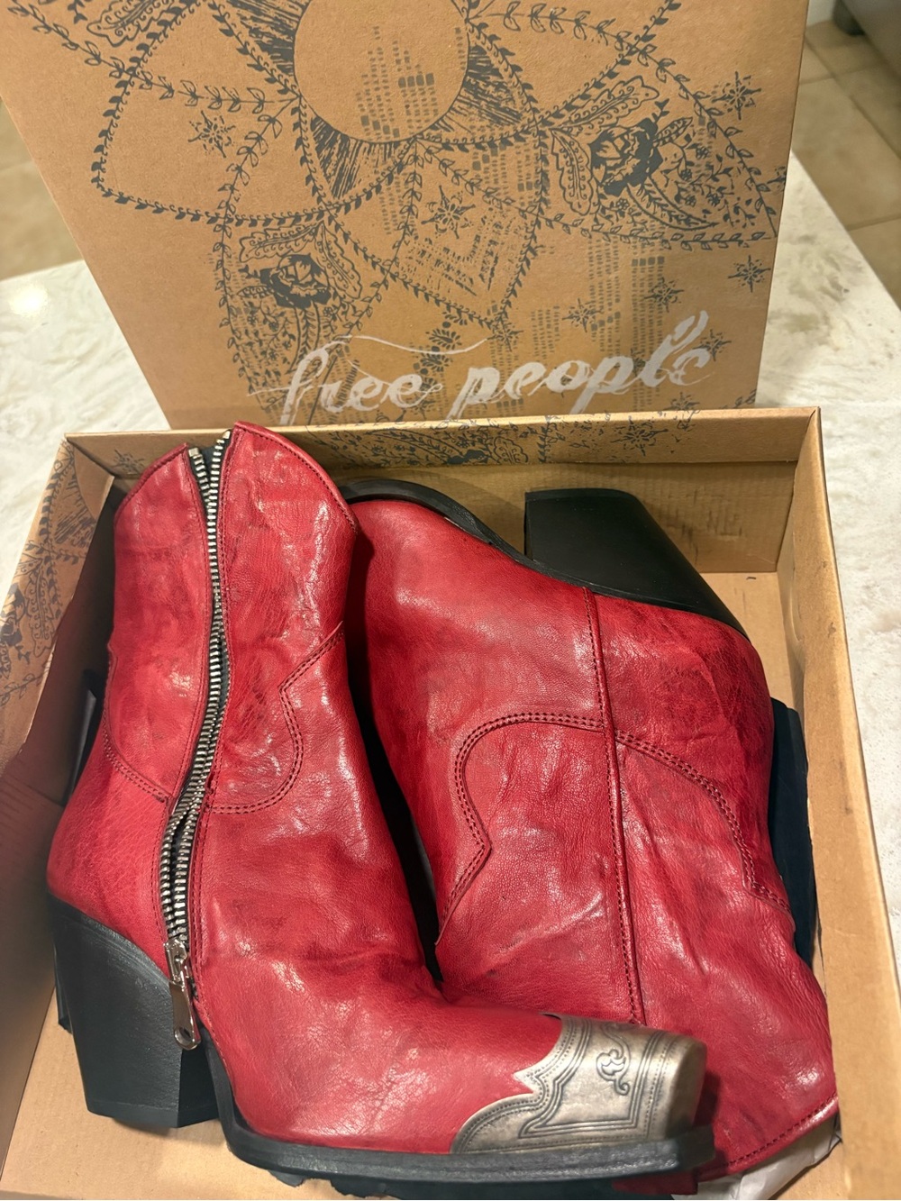 Free People Red Leather Western Zip Ankle Boots with Metal Toe